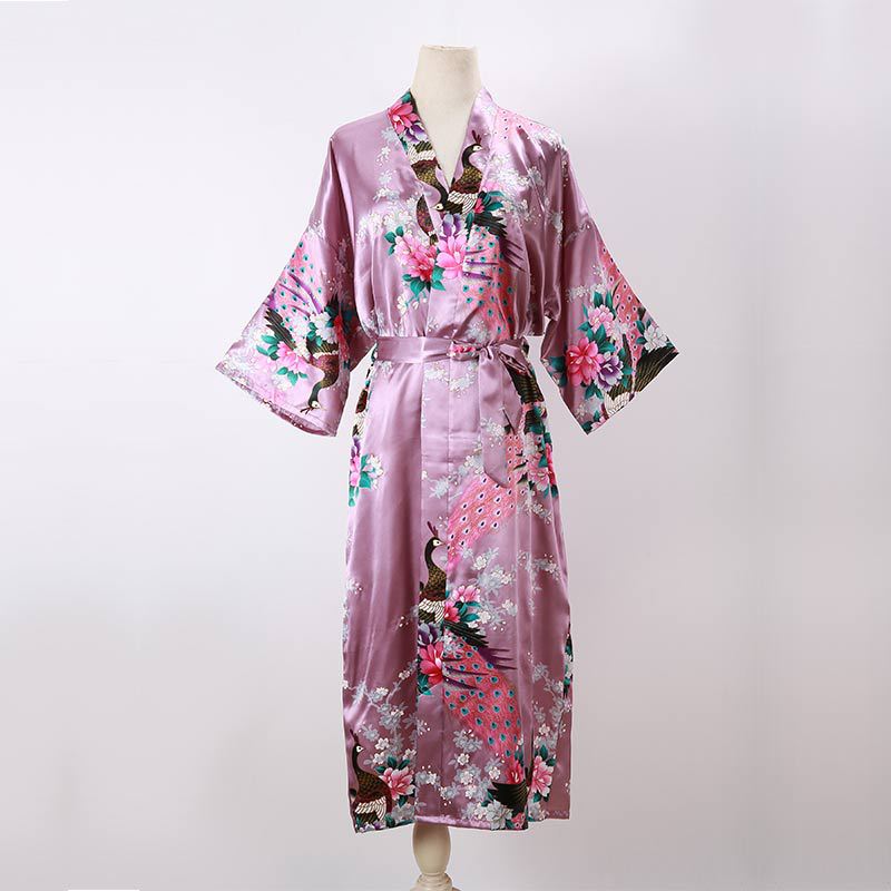 Picture of Women's Sexy Long Pajamas Summer Kimono Robe Thin Peacock Print Bathrobe Imitation Silk Kimono Nightgown Foreign Trade