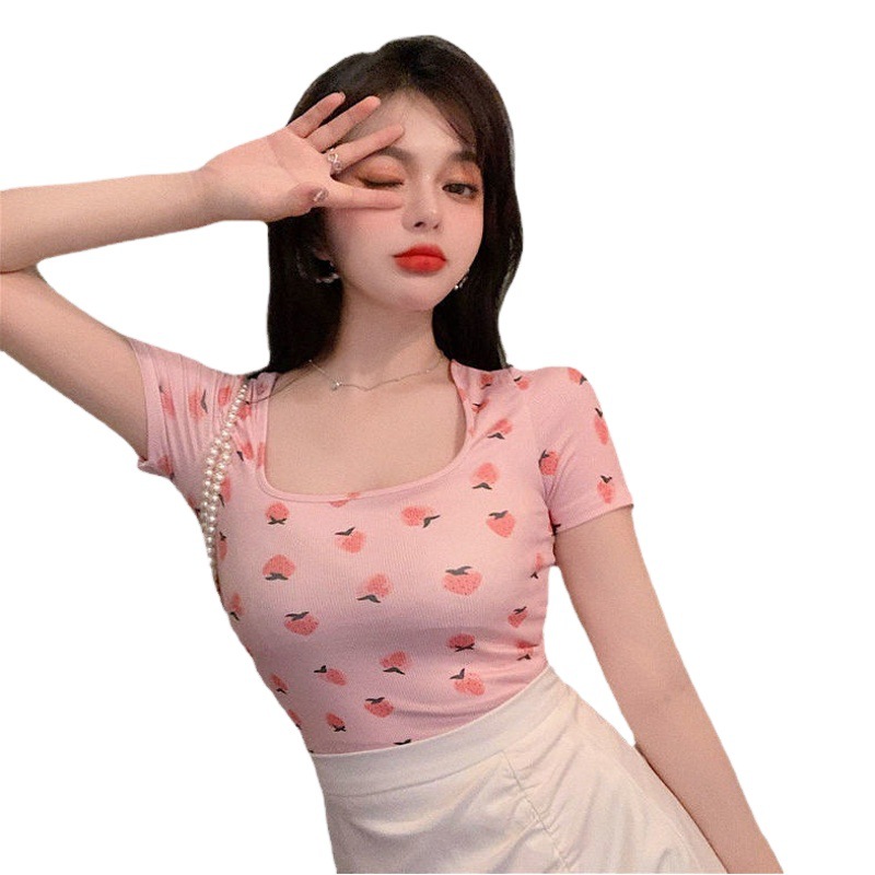 Y2K Sexy Sexy Square Collar Short T-Shirt for Women in Spring & Fall, Versatile Slimming Look Bottoming Shirt Top for Female Students, Trbottomy