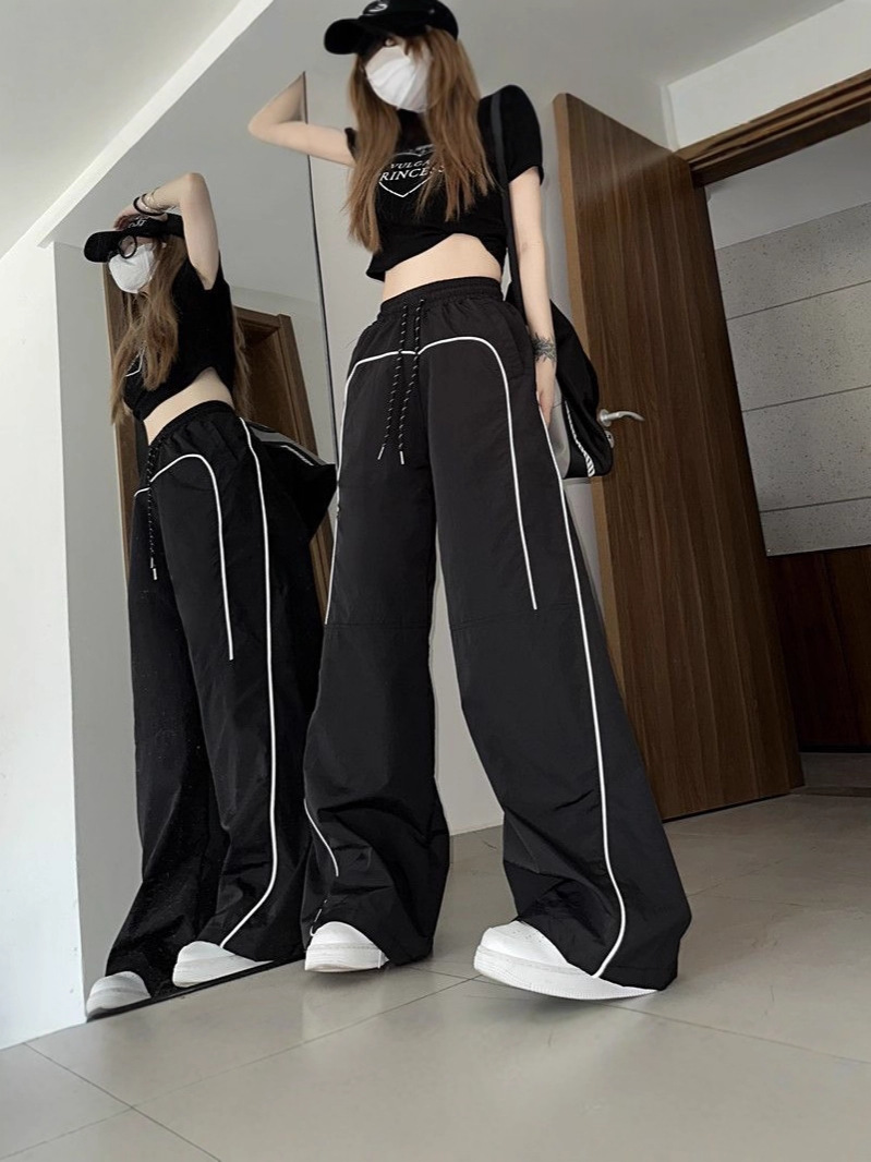 Cross-border sources of American loose floor-length pants, women's new retro drawstring cargo wide-leg slacks, ins trendy brand