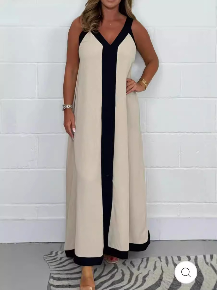 2024 Amazon European and American New Explosions Fashion Sexy Women's V-neck Contrast Color Strap Loose Waist Dress