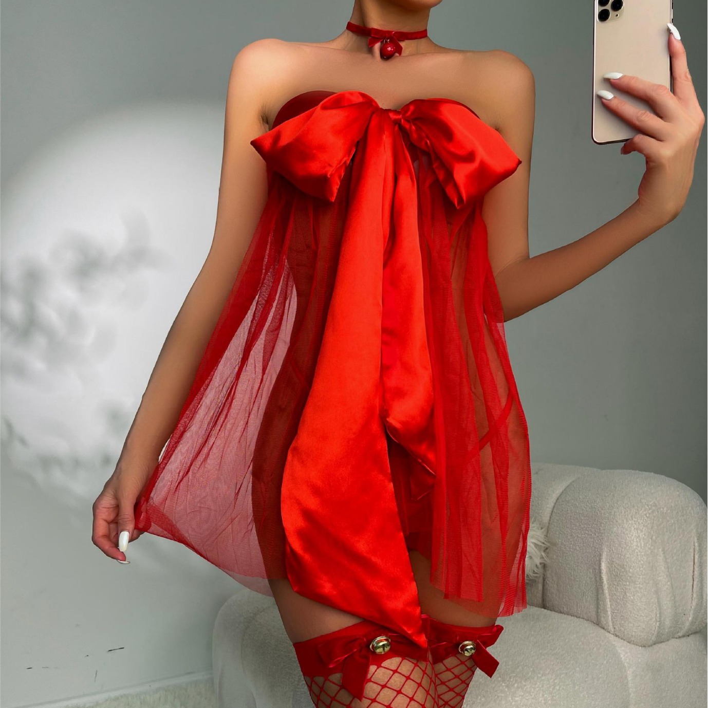 Foreign Trade Cross-border Amazon New Christmas Valentine's Day Red Lace-up Mesh Nightdress Women Necklace Net Stockings suit