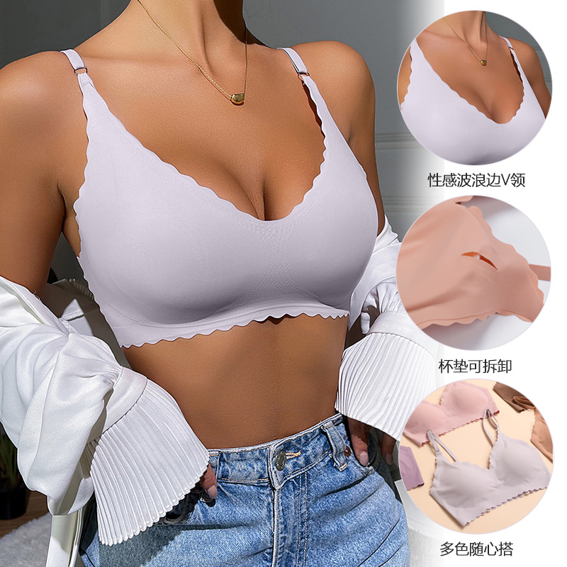 Thin Ice Silk Wavy Edge Seamless Foundation Bra for Women, Non-Slip V-Neck Wireless Breathable Bra for Ladies
