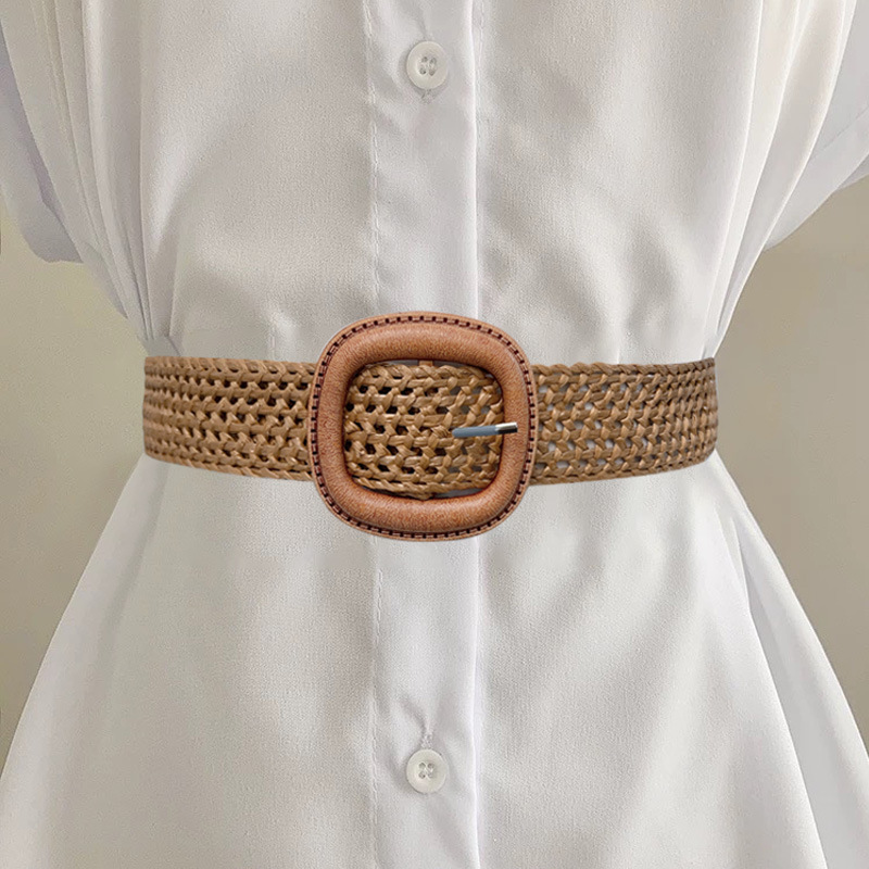 New Square Buckle Mesh Cotton and Linen Woven Belt for Women White Straw Retro Dress Long Shirt Decorative Belt
