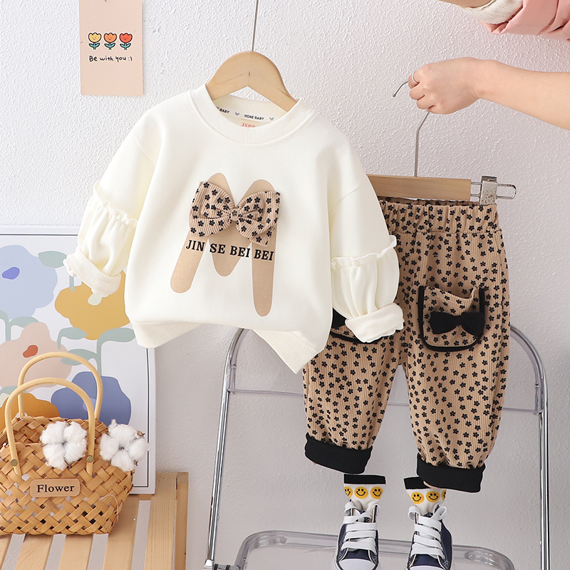 Picture of Korean style spring fashion baby fried street spring clothes idea big bow long sleeve suit trendy girls' long sleeve two-piece suit