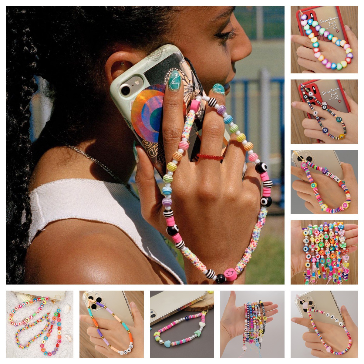 New colored soft pottery DIY handmade mobile phone chain mobile phone neck key chain chain certificate anti-lost rope