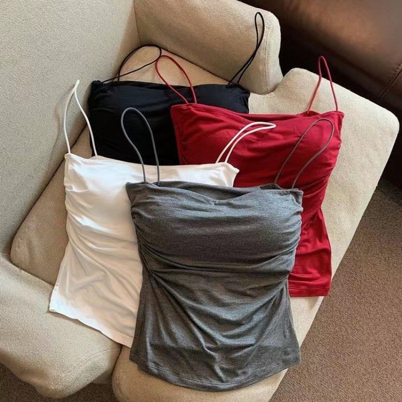 Spice Girl Outer Wear Camisole Women's Beautiful Strap Chest Pad Comfortable Pleated Thin Shoulder Strap Top Inner Wear Slim Underwear Women