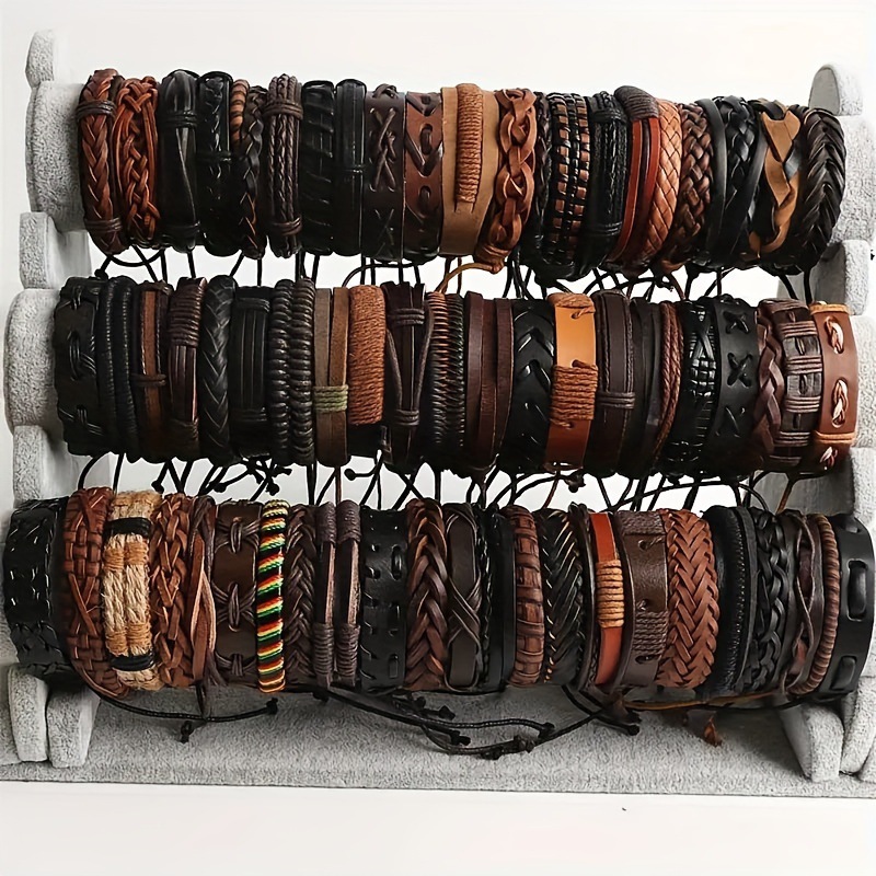 20Pcs Retro Pu Leather Bracelet, Cuff Wristband Random Mix 20 Sets, Fashion Party Jewelry Best