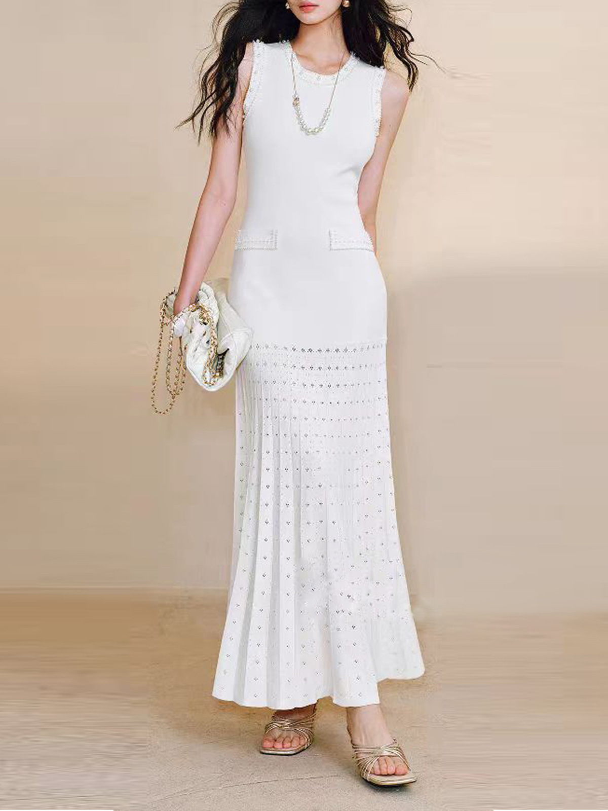 Picture of 2025 European and American Cut Out Pleated Long Skirt Accessible Luxury Pearl Hem Knitted Dress Round Neck Sleeveless Vest Dress
