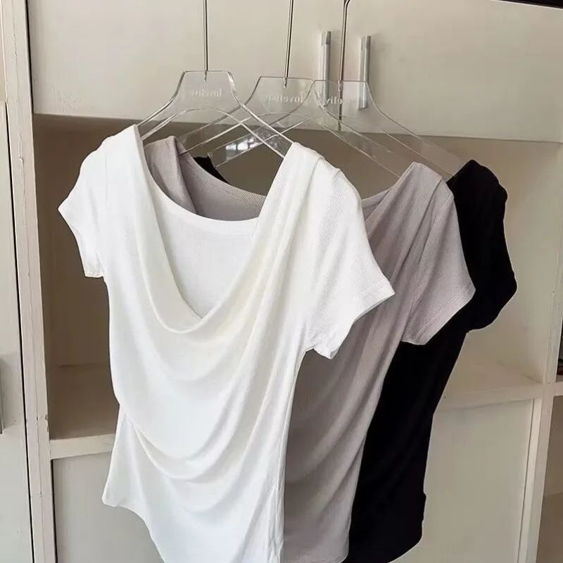 2024 Summer Pleated Irregular Thread Shoulder Open-Shoulder Swing-Collar Short-Sleeved T-Shirt Niche Design Sense Pure Spice Girl Top