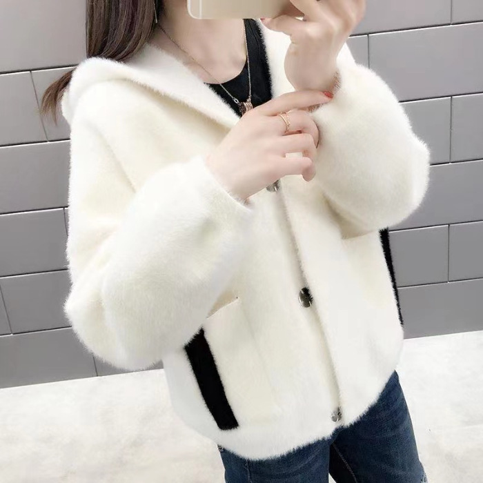 Picture of 2025 New Hooded Mink Velvet Women's Short Outwear Cardigan Autumn and Winter Korean Style Loose and Versatile Sweater Jacket