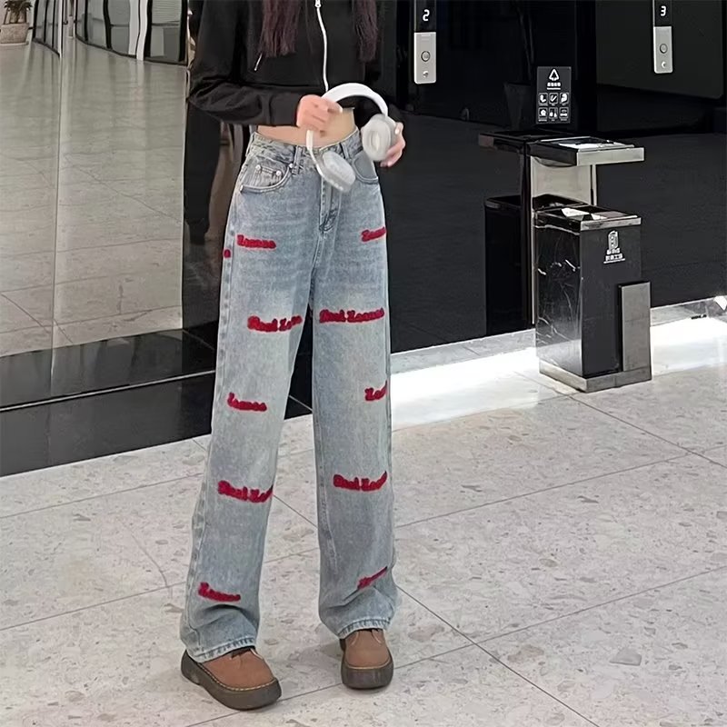 American Style High Street Spice Girl Embroidered Wide Leg Jeans Women's 2023 New High Waist Retro Loose Straight Pants