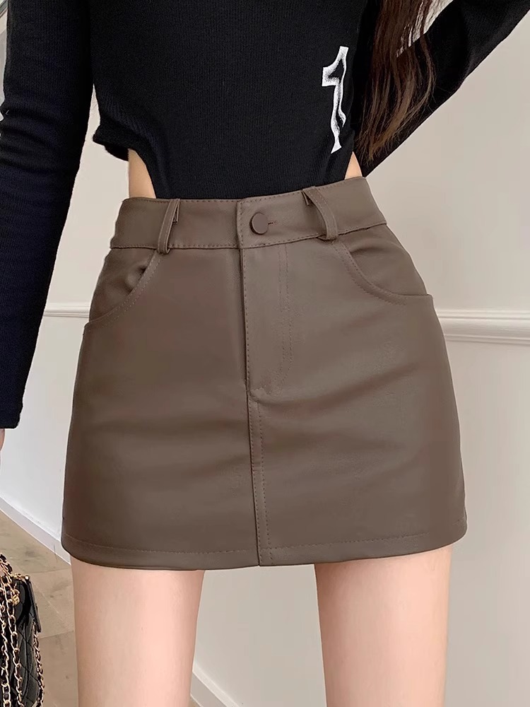 PU Leather Short Skirt Women's Autumn and Winter Korean Style plus size chubby girl Hot Girl High Waist Slimming Hip A- Line Skirt Trendy Ins Skirt
