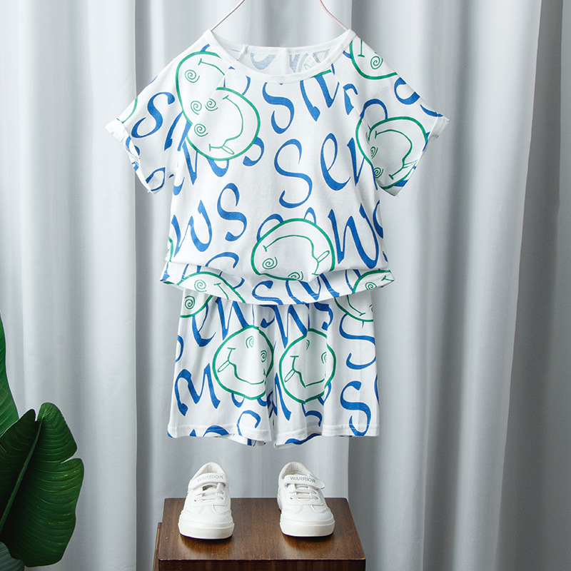 Picture of Korean-style Breathable Pure Cotton Short-sleeved Suit Children's Sweat-absorbent Thin Summer Clothes for Boys and Girls Home Clothes T-shirt Shorts for Baby