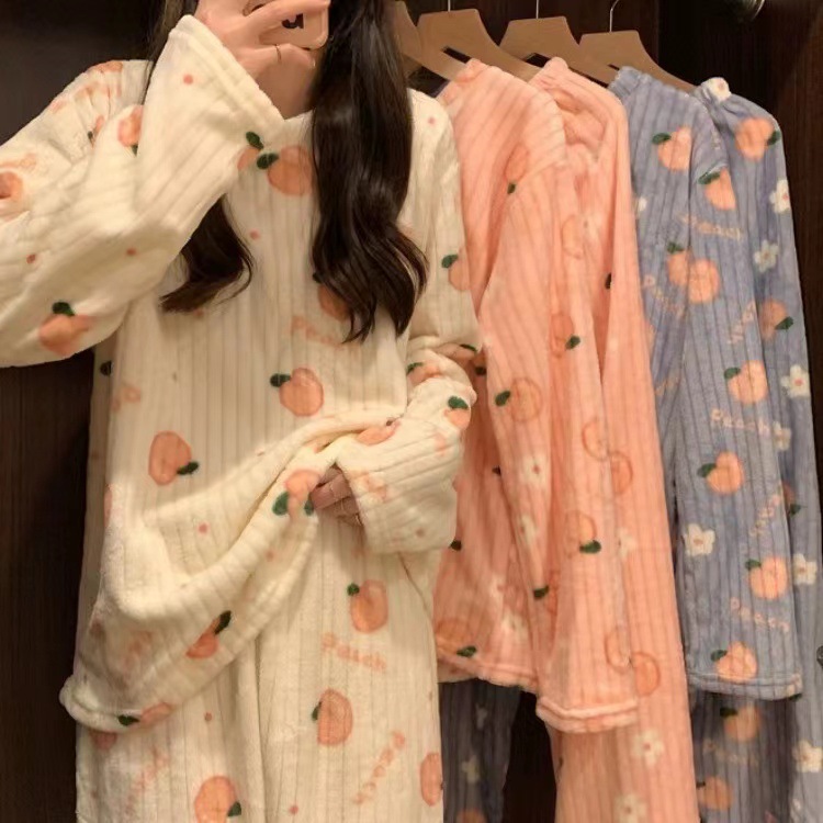 Honey Peach Bear Printed Coral Fleece Crewneck Pajamas Set Autumn and Winter Warm Fairy Warm Home Clothes Two-piece Set