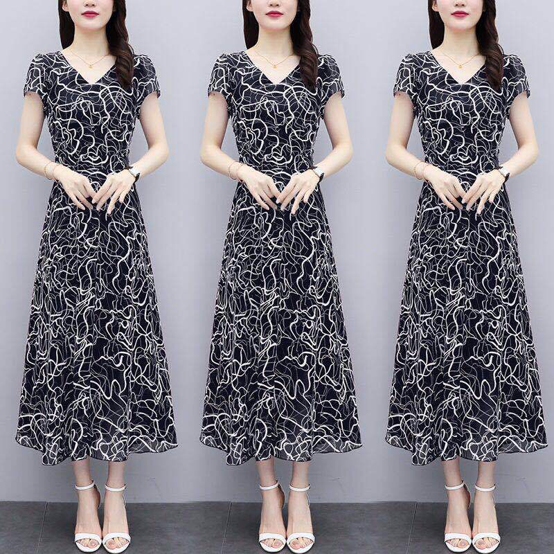 2021 Summer Middle-aged and Elderly Women's Floral Dress Large Size Tight Waist Slimming Elegant Age-reducing Short-sleeved Dress