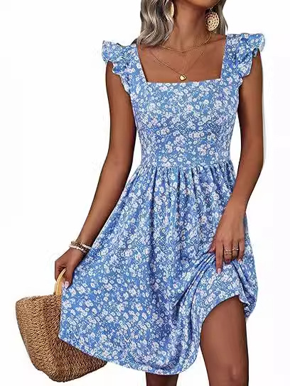 Amazon Cross-Border 2025 Summer Dress Cute Floral Casual Elegant Knee-Length Beach Dress