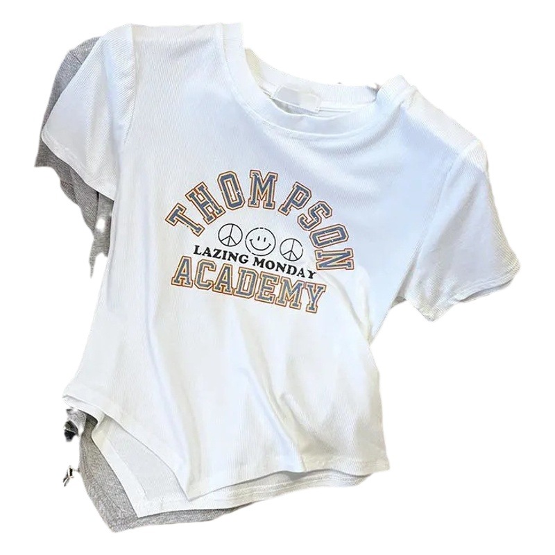 Korean-style Round Neck Letter Printing Niche Design Irregular Short-sleeved T-shirt Women's 2024 Summer New Chic Top