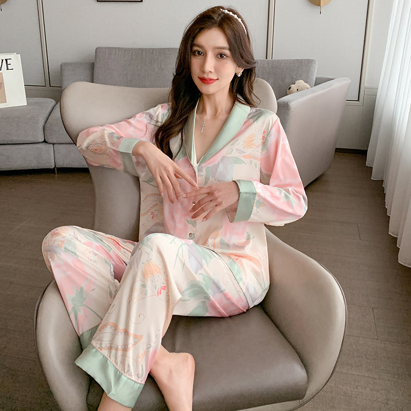 Temperament Long-Sleeved Imitation Silk Pajamas for Women, Light Luxury Style Ice Silk Loose Two-Piece Home Clothes, Autumn Live Broadcast, Drop Shipping