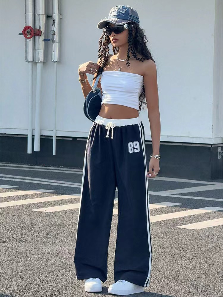 Picture of Cross-border, Europe and the United States, 2025 spring/summer new high-waisted drape, loose straight wide-leg slacks, drawstring color-blocking trousers