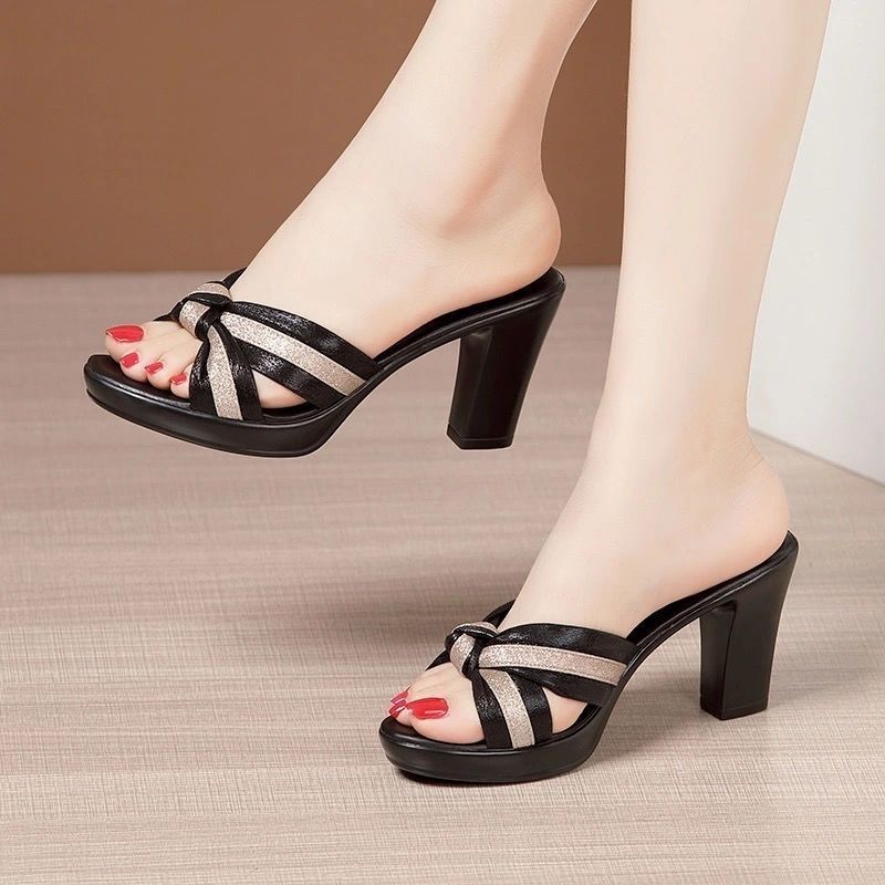 Thick Heel Outer Wear Sandals and Slippers Women's Summer 2024 New Style Waterproof Platform Fish Mouth One-word Sandals Fashionable All-match Mid-heel Slippers