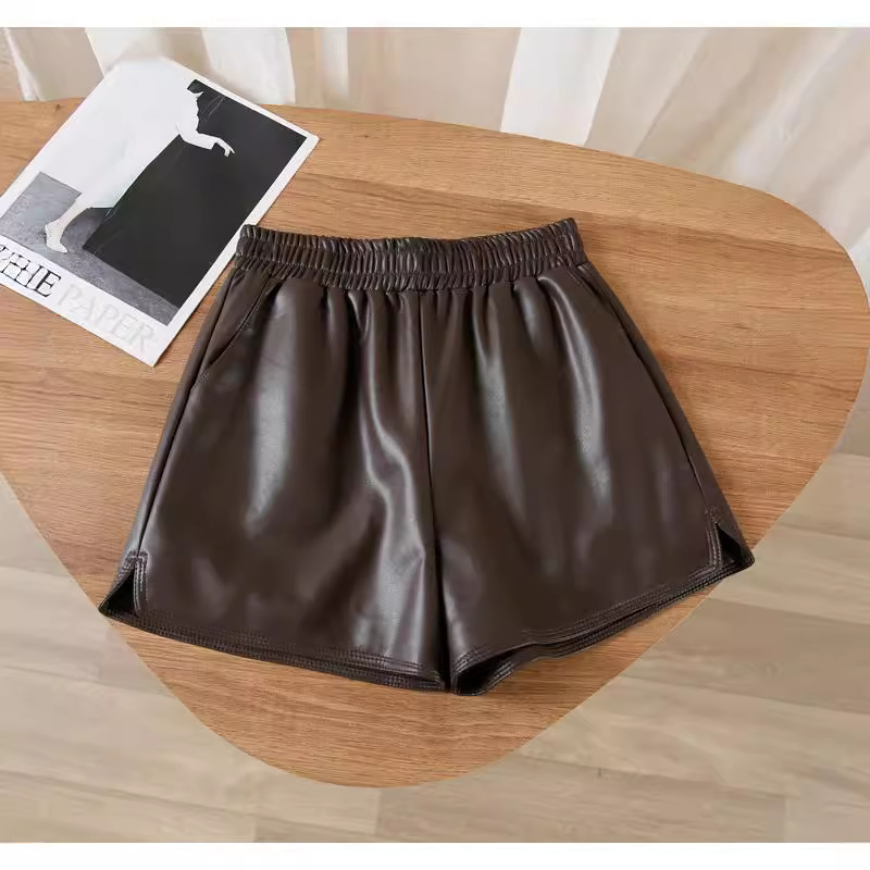elastic waist leather shorts women's high waist autumn and winter new PU loose all-match western style wide leg outer wear thin boots pants