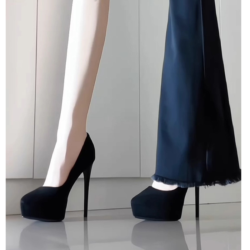 2025 New Sexy Black Pointed Platform Hate Day High Heels Women's Wear-free Feet Thin Heel Shallow Mouth Commuting Shoes