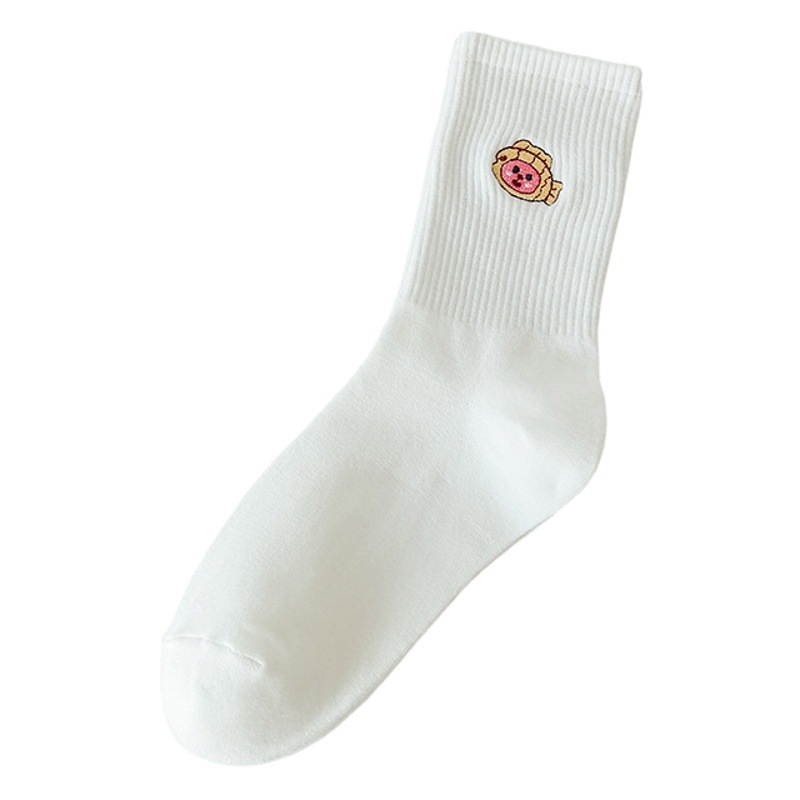 White animal embroidery socks women's mid-calf length socks solid color cotton socks Japanese cute autumn and winter girls' sports stockings