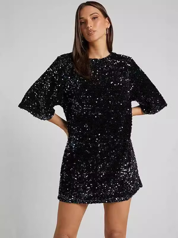 2025 Spring and Summer New Cross-Border Export Women's Clothing Amazon Wish Midi Skirt Slanted Shoulder Sequin Dress Dress Skirt