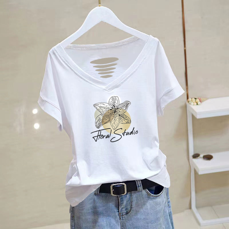100% cotton white T-shirt women's short sleeve slimming V-neck 2024 new women's clothing ins summer top T-shirt fashion