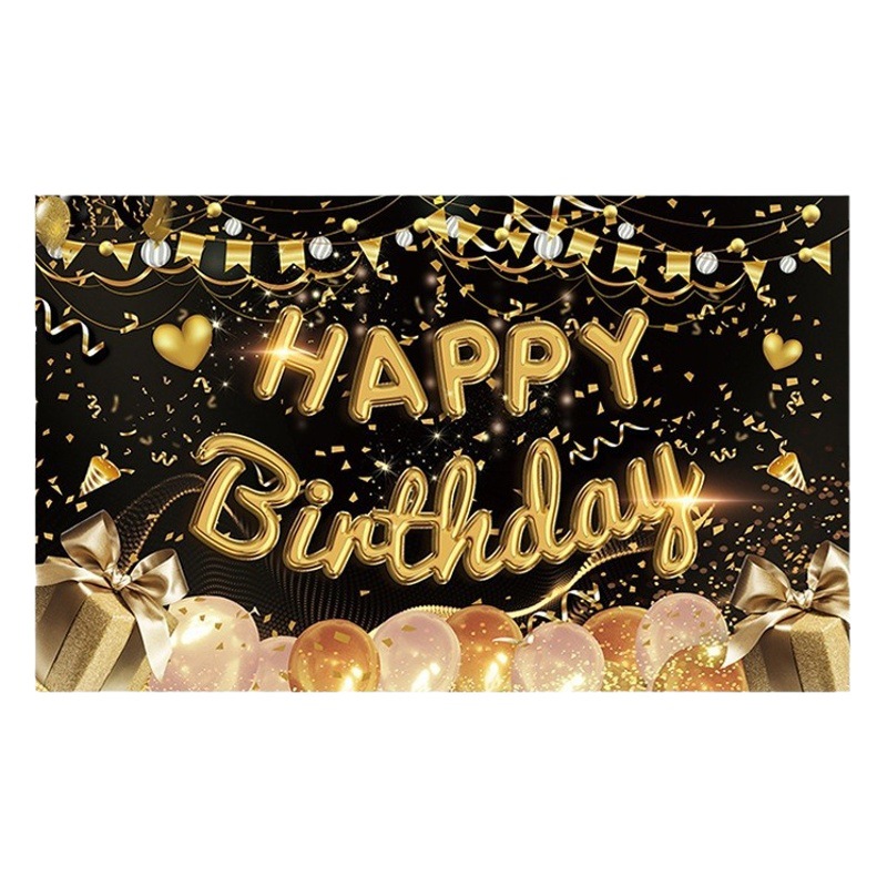 Cross-Border New Birthday Background Cloth Flag Black Gold Printed Birthday Party Banner Outdoor Hanging Flag Decorative Cloth
