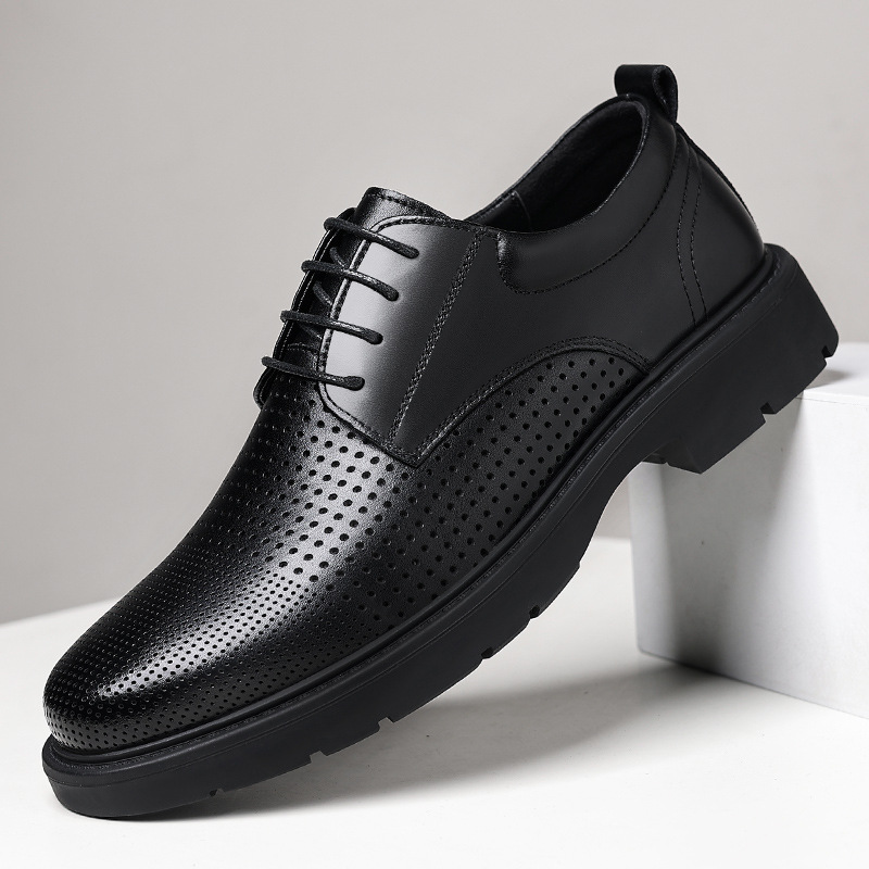 Leather shoes men's 2025 summer hollow breathable formal business hole shoes Korean groom wedding shoes a generation of hair