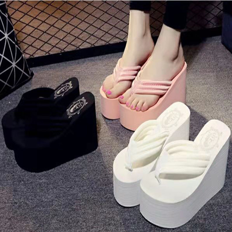Summer High Heel Sandals Thick Bottom Rubber Bottom Non-slip Wear-resistant Beach Flip-flops Cloth with Slippers Nightclub