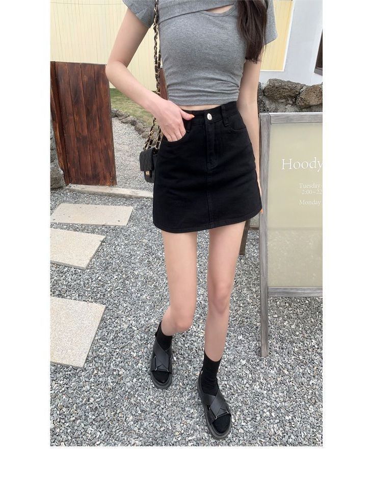 Picture of Black Denim short skirt for women 2023 new summer high waist slimming A- line skirt anti-exposure sheath skirt ins