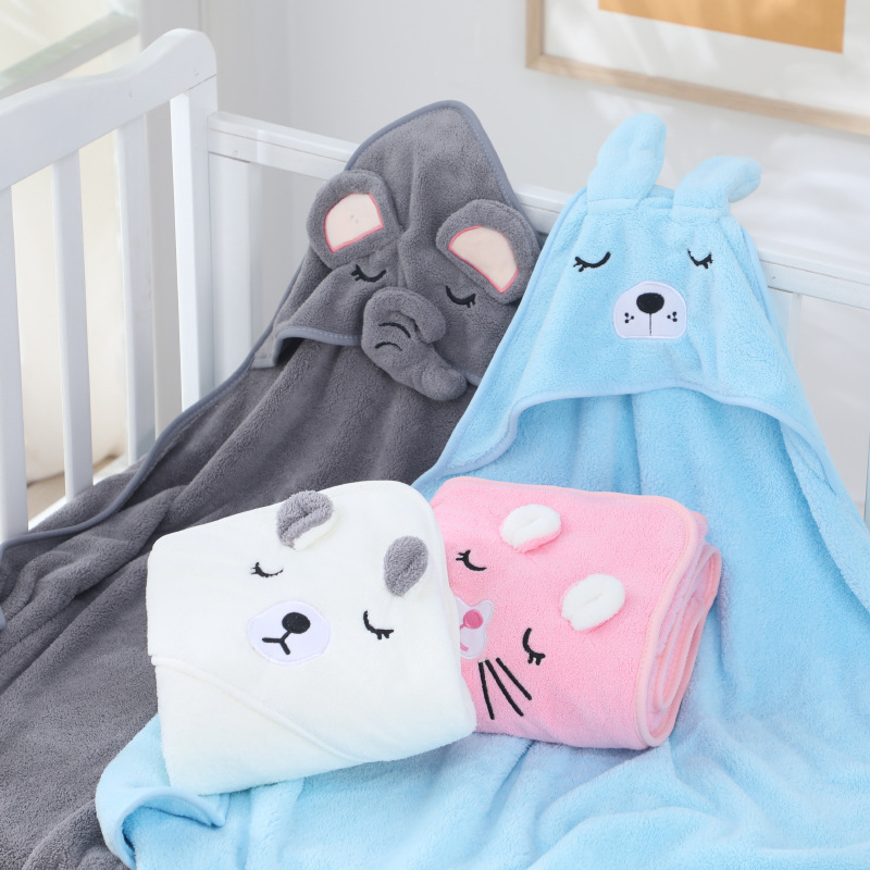 Cartoon Baby Cloak Soft Mother and Baby Bag Coral Fleece Soft Bath Hooded Baby Hold for Cross-border