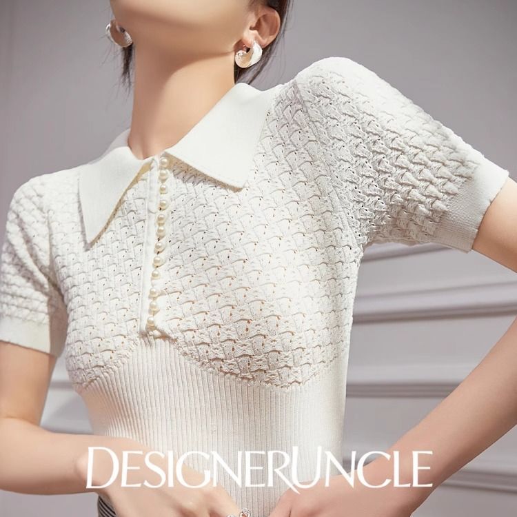 White Knitted Short-Sleeve Summer Top with a High-End Feel, Regular Shoulders, 2025 New Design, Hollow-Out, Slimming, Ins Style