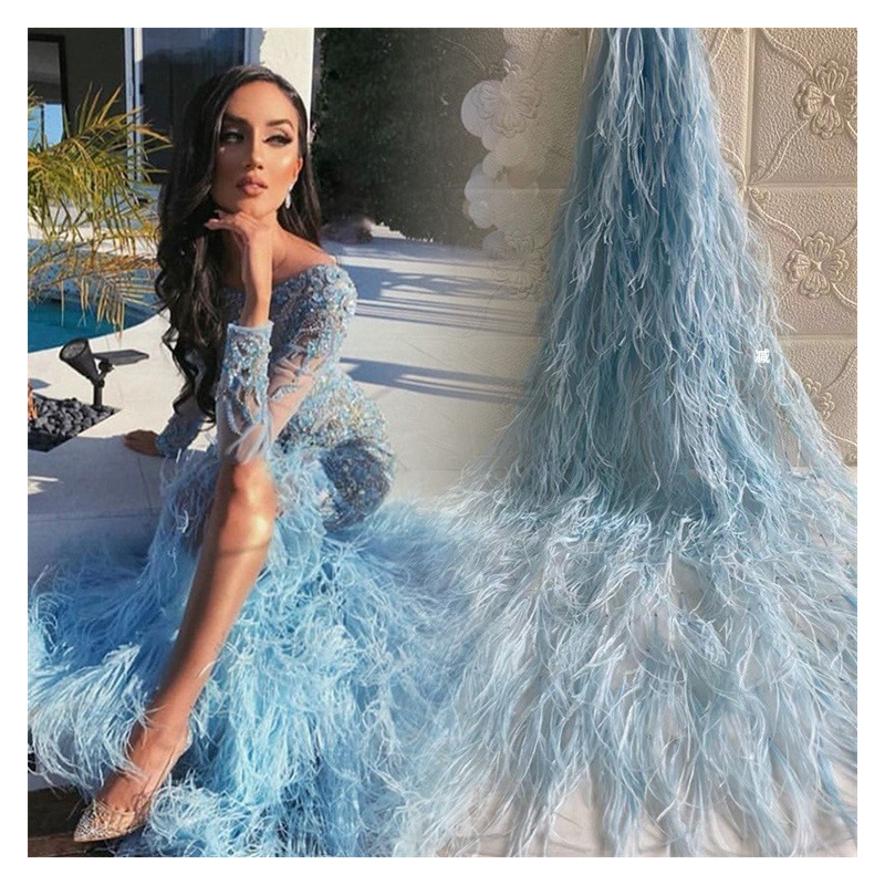 Picture of European and American high-end high-end ostrich feather wedding dress fashion catwalk same style pure heavy handmade feather mesh evening dress