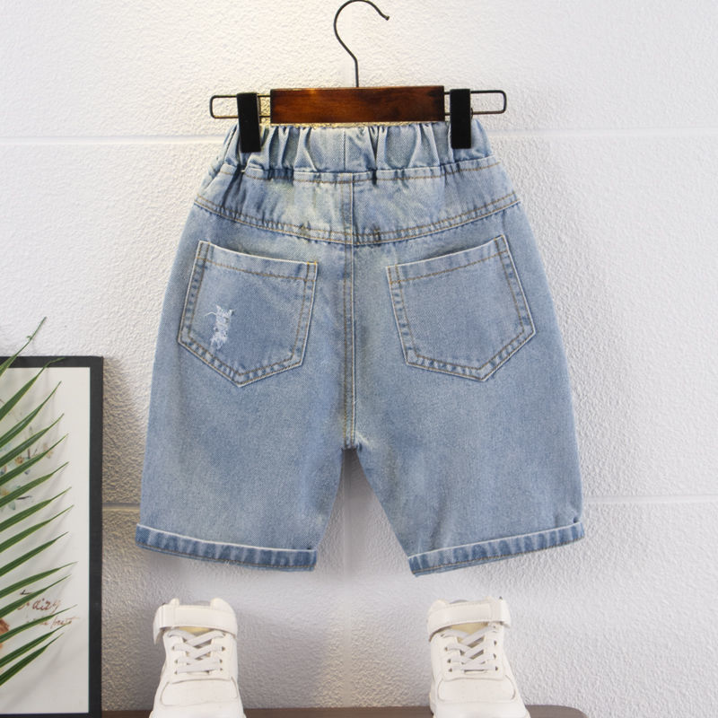 Picture of White printed denim shorts boys summer 2022 new children's pants summer big children