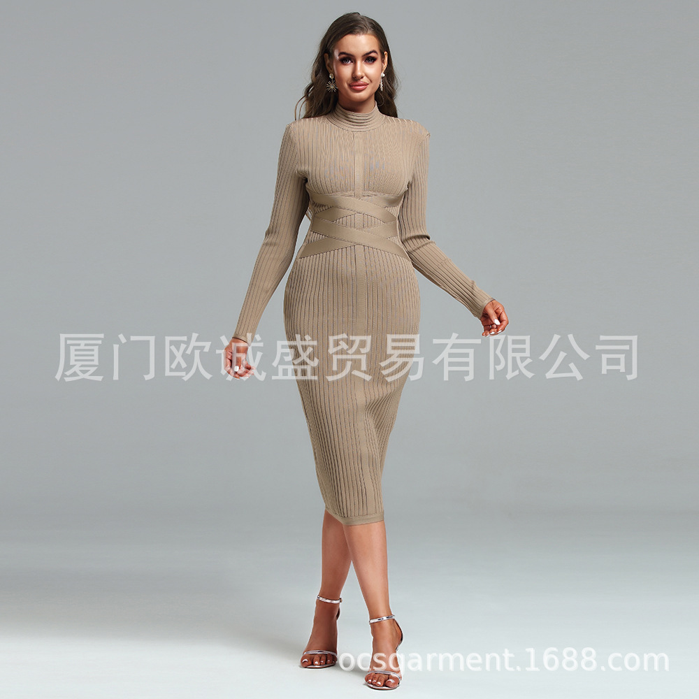 Bandage dress European and American cross-border fashion women's stretch slim half-high collar long sleeve bandage dress