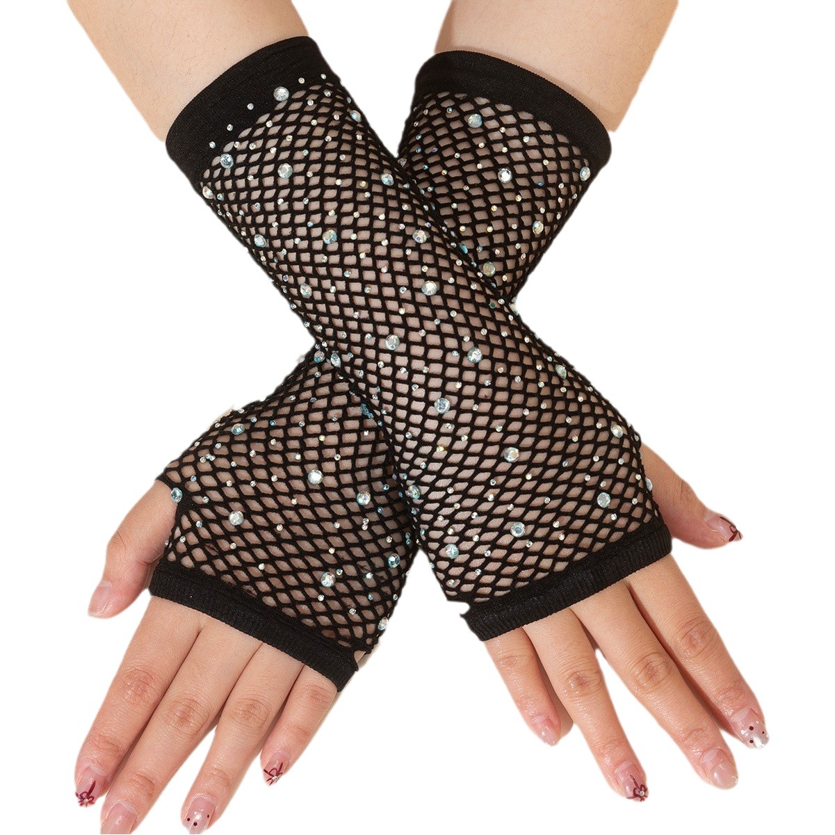 Cross-Border Nightclub Disco Mesh Gloves with Rhinestones, Sexy Elastic Multi-Color Punk Fishnet Gloves, Hollow-Out Hot-Stamped Gloves