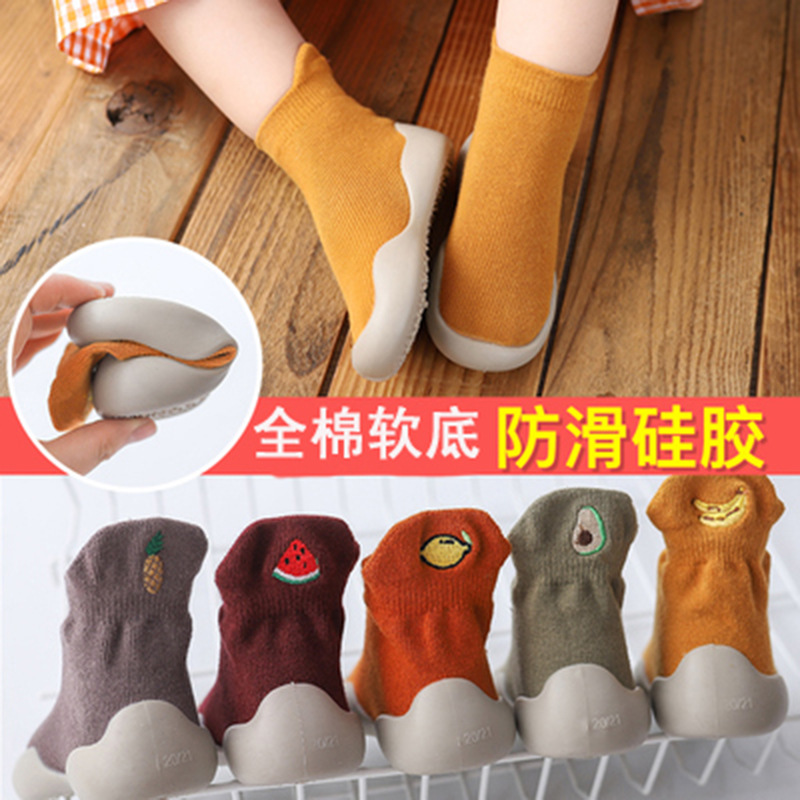 Spring and Autumn New Baby Indoor Toddler Shoes Embroidered Cartoon Fruit Anti-Falling Children's Socks Shoes Soft Soles Plaid