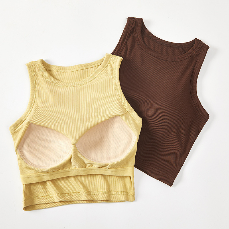 Picture of Threaded Slim-Fitting Sleeveless Vest with Padded Cup Integrated Suspender Short Bra-Free Bottoming Outer Top with Exposed Navel