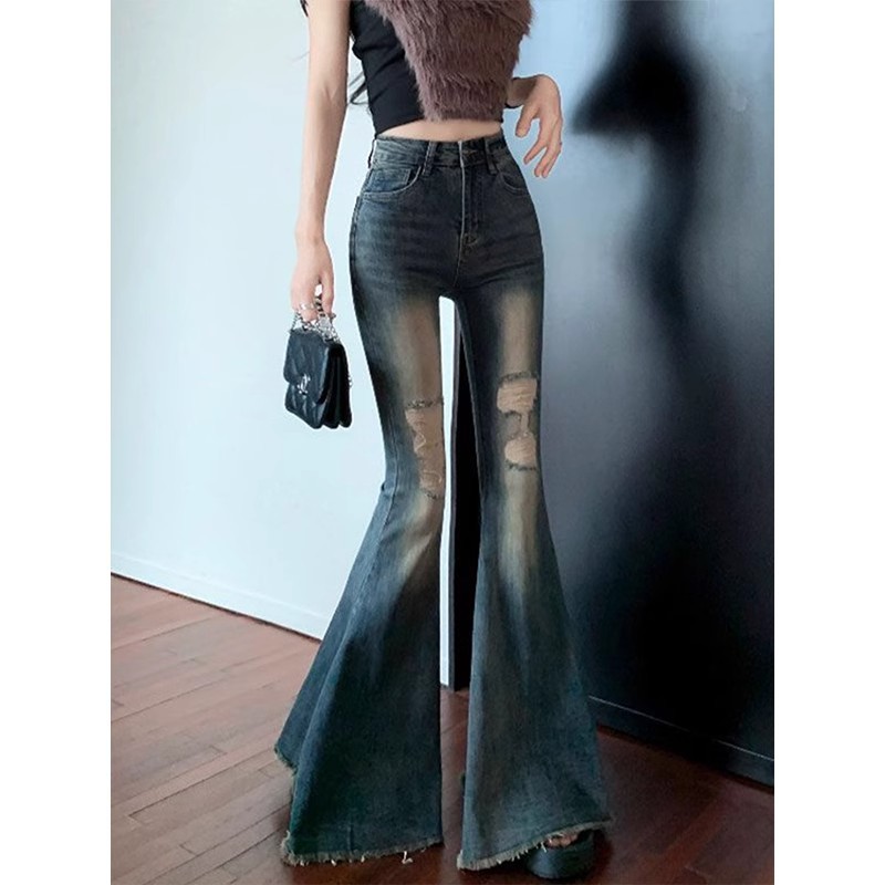 Vintage Gradient Big Horn Jeans Women's Autumn and Winter Hip-lifting High Waist Flare Pants Design Feeling Fur-edged Mopping Pants
