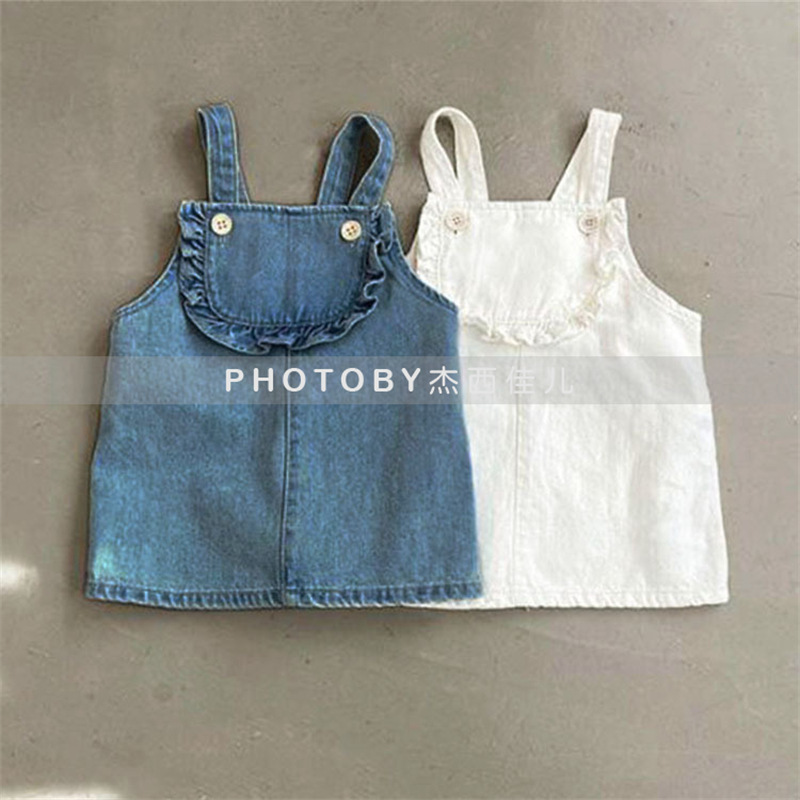 Children's Korean-style Spring and Summer Girls Ins Fashionable Foreign Style Cute Auricularia Lace Denim Strap dress