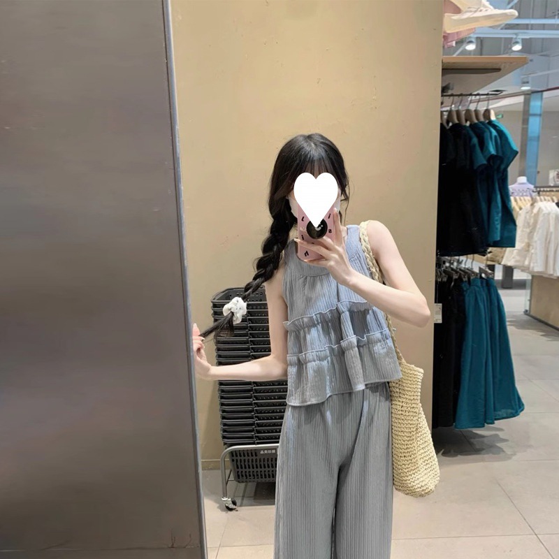 [Original] 2024 Summer Korean Style Round Neck Sleeveless Top High Waist Loose Casual Straight Pants Two-piece Set for Women
