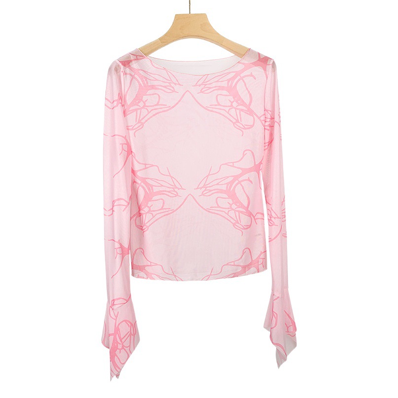 Lucky Color Abstract Pink Printed Base Shirt Ice Silk Mesh Sunscreen Long Sleeve T-Shirt Women's Summer Perspective Hot Girl Top