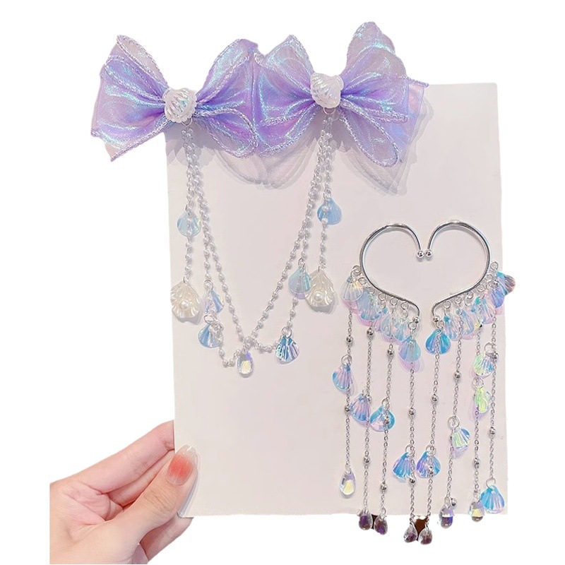 Tassel Pearl Handmade Hairpin Children's Bow Headline Fairy Beauty Princess Hairpin New Girls' Ear Hanging Hair Accessories for Women