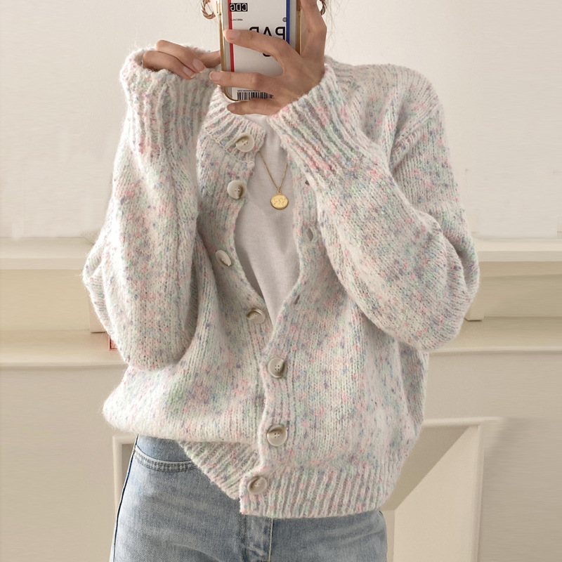 Korean New Age-Reducing Mixed Color Dotted Knitted Cardigan Sweater Jacket Fresh