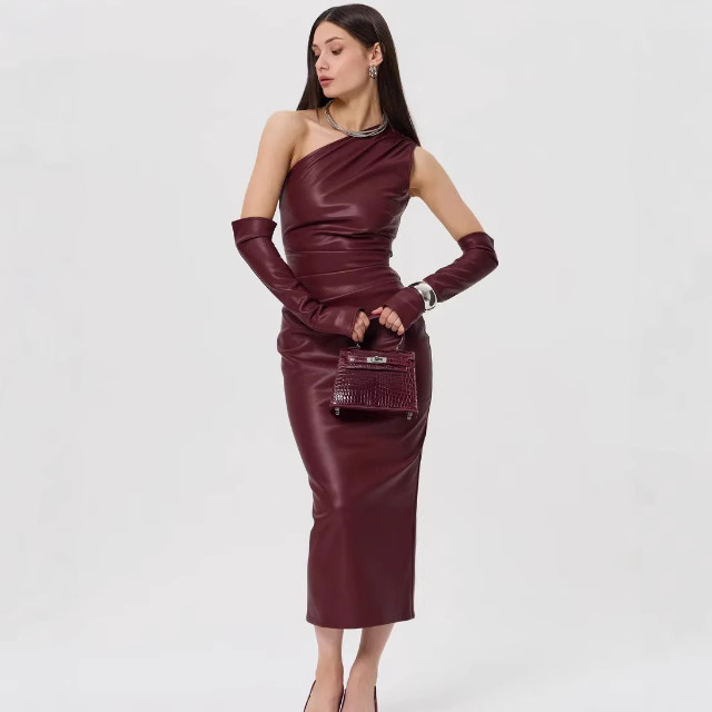 Off-Shoulder Leather Dress Cross-Border European and American Clothing Amazon Tight-Fitting Chest-Wrapped Pleated Sexy Hip-Hugging Slit Skirt