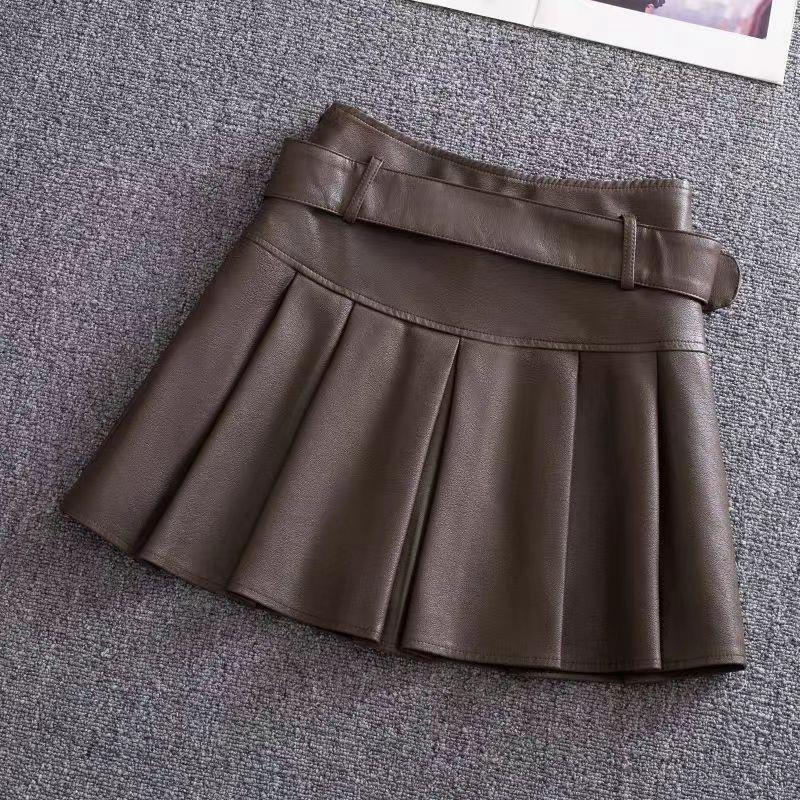 Black Leather Skirt Skirt Women's 2024 New Autumn High Waist A- Line Pleated Skirt Autumn Skirt Slimming Half Skirt