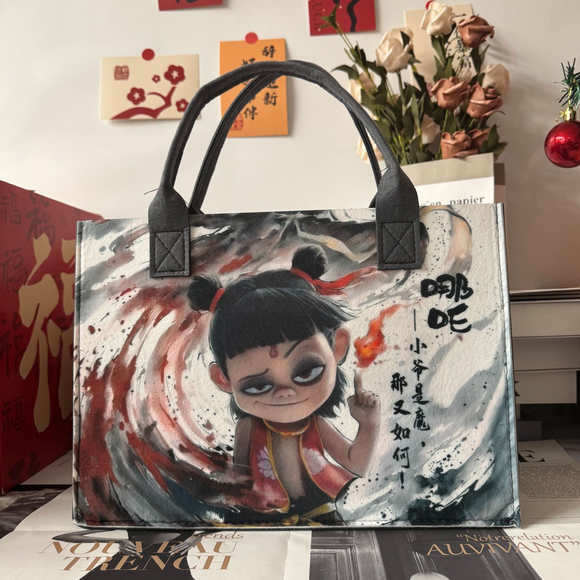Picture of Nezha Handbag, the Devil Child Causing Chaos in the Sea, Tote Bag, Shoulder Bag, Student Backpack, Felt Bag, Chinese Style, National Trend